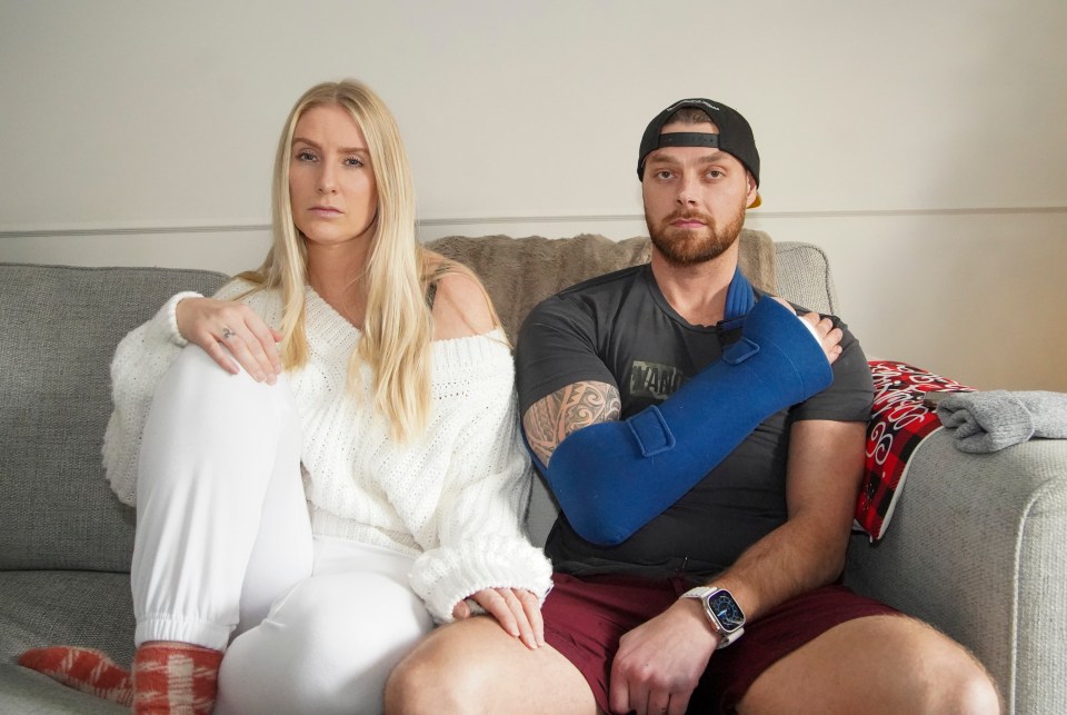 Stephen Jenkinson - pictured with his partner Jessica Seymour - fears he won't be able to work as a plumber again after his thumb was bitten off by a Deliveroo delivery rider