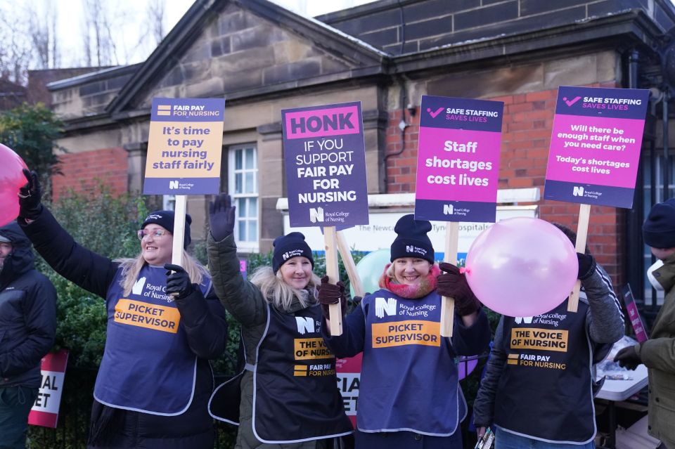 Members of the Royal College of Nursing (RCN) on the picket line outside Royal Victoria Infirmary in Newcastle this morning