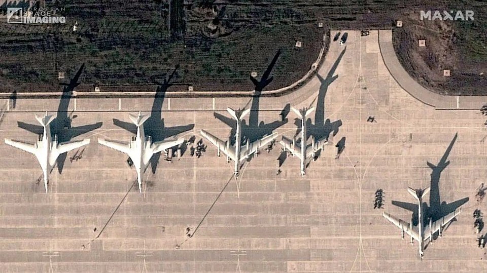 The Tu-95s seen alongside two Tu-160s at Engels airbase