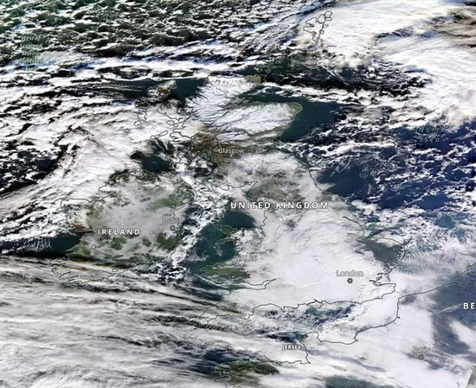 A satellite image shows Britain enveloped in snow this week