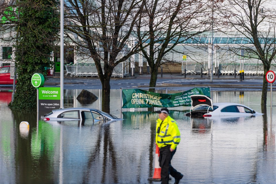 Scenes of a flooded Halbeath retail park in Dunfermline, Scotland today