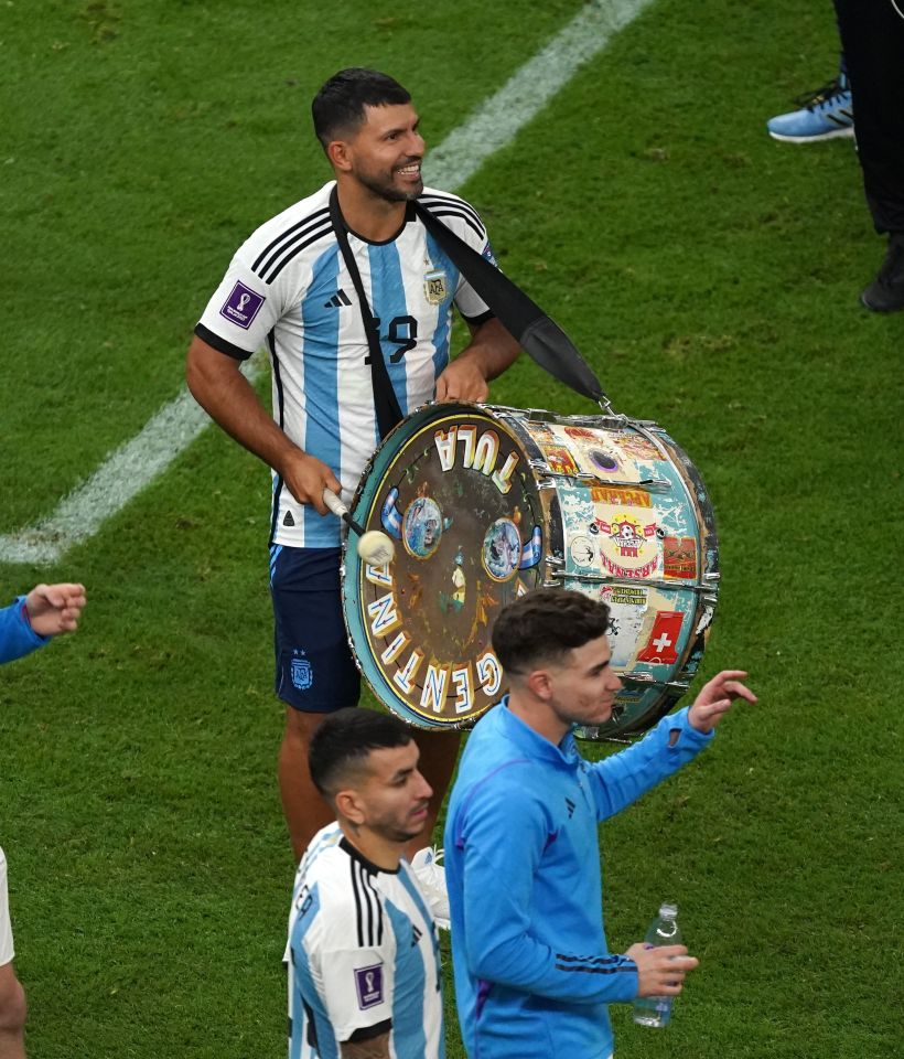 Sergio Aguero joined in the celebrations as he played the drum