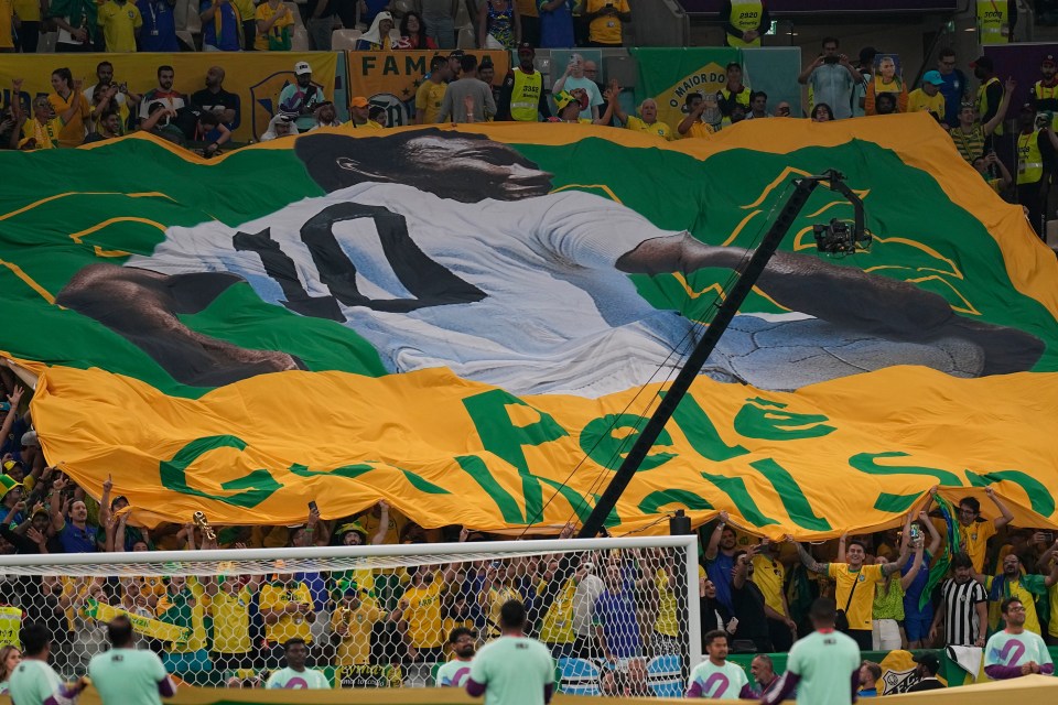 Fans held a giant Brazilian flag saying 'Pele, Get well soon' during the game against Cameroon