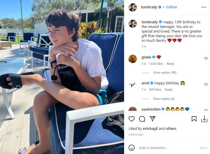 Tom Brady sends a heart-warming birthday tribute to his son Benjamin, which is liked by ex-wife Giselle Bundchen and met with a love heart