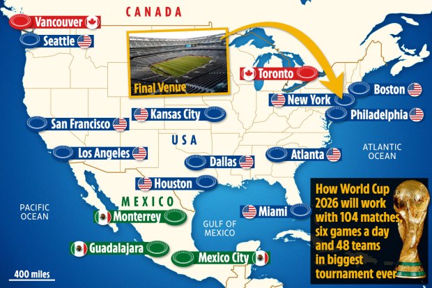 2026 World Cup map showing host cities in USA, Canada, and Mexico.