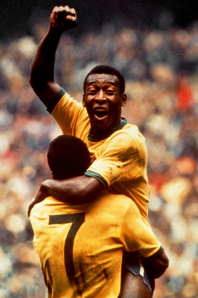 Brazil icon Pele, a three-time World Cup winner, scored twice aged 17 in the 5-2 final win over Sweden in 1958 and is seen here hailing his opener in the 1970 final