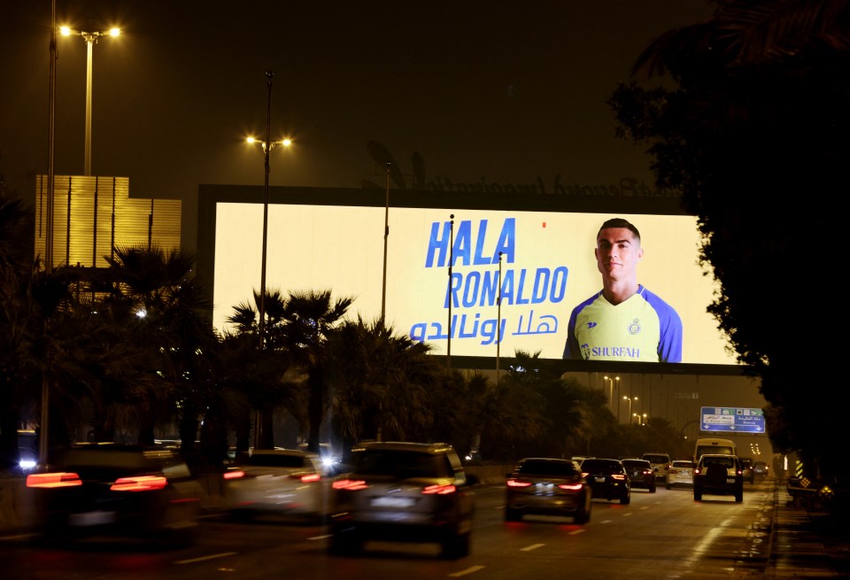 A billboard is seen on the streets of Riyadh announcing the arrival of Ronaldo