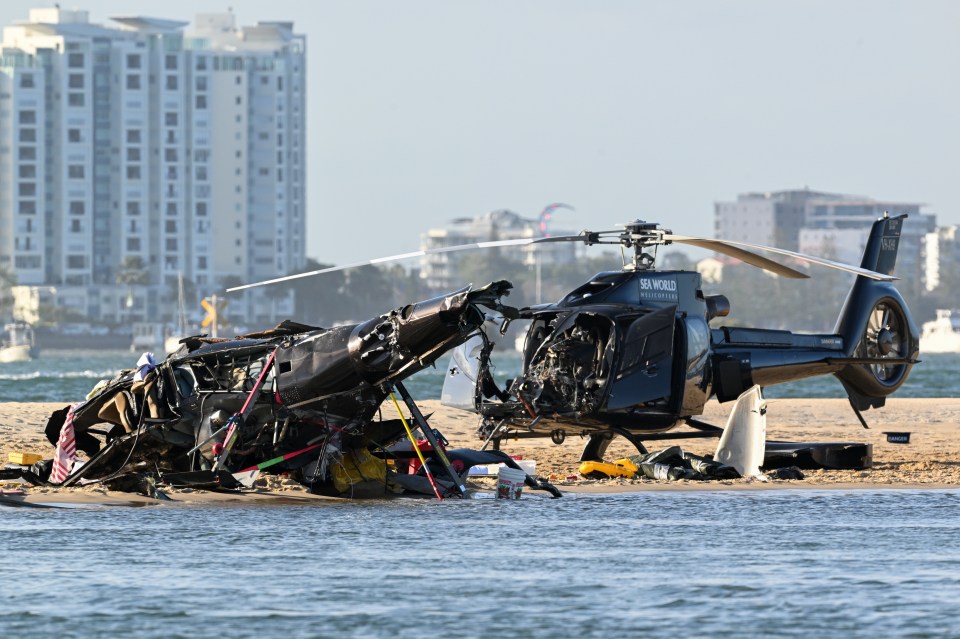 One chopper landed upside down on a sandbank