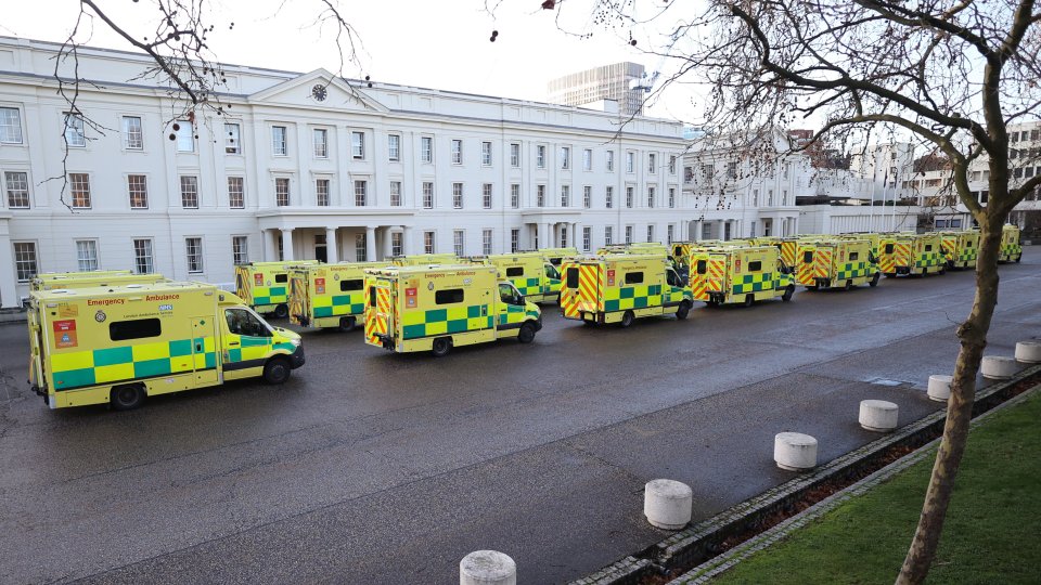 Ambulances are lined up inside Wellington Barracks in central London