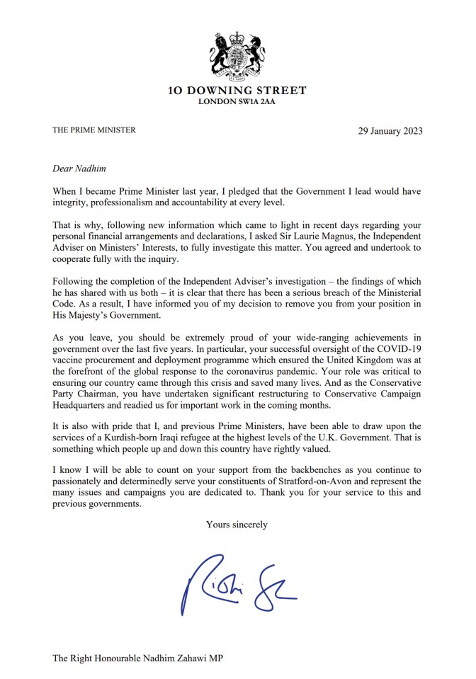 Rishi Sunak's letter to Nadhim Zahawi