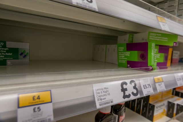 Empty Tesco shelves of Cold & Flu remedies