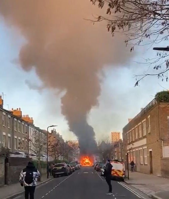 A bus burst into flames this morning