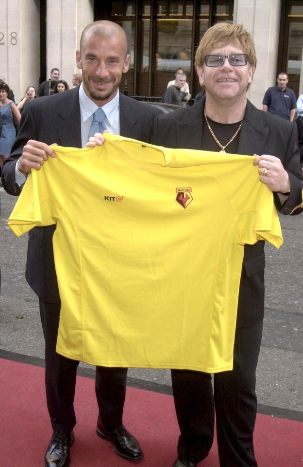 Vialli pictured with Elton John after becoming Watford manager in 2001