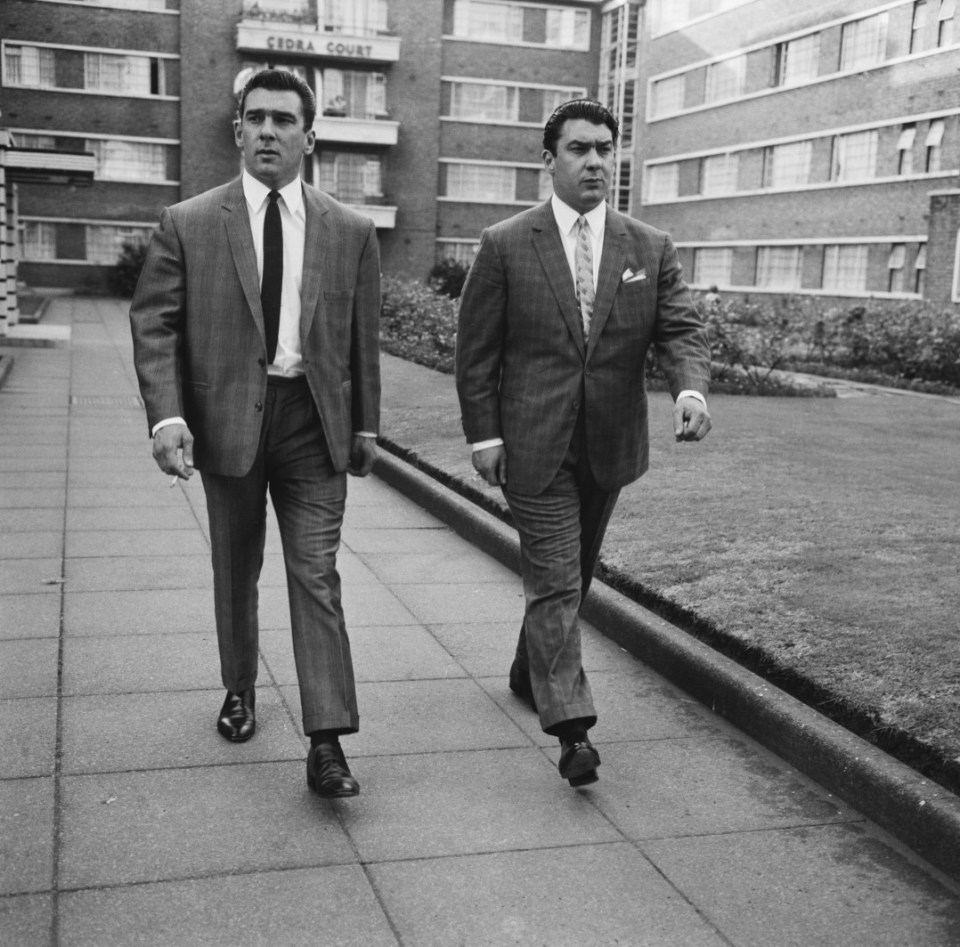 Ronnie and Reggie Kray in Cedra Court, off Cazenove Road in northeast London,