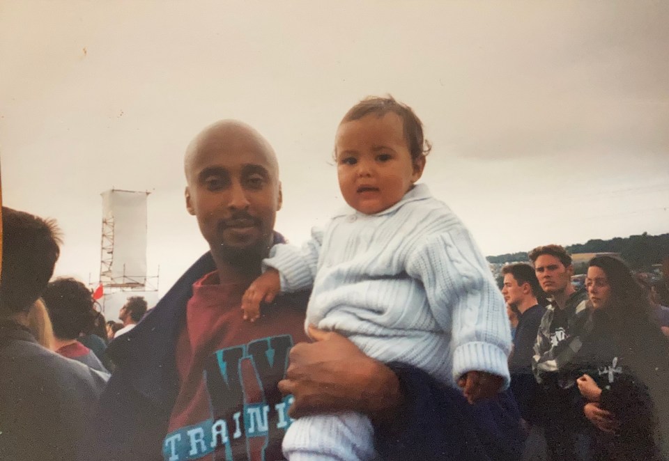 Maya Jama and her dad at Glastonbury in 1995