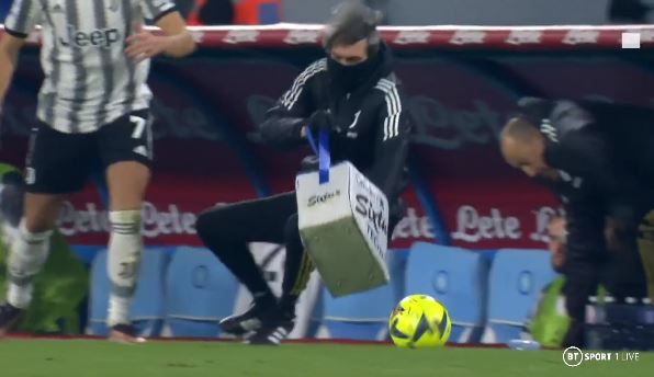 Juve's physio was then sent crashing to the ground in hilarious fashion