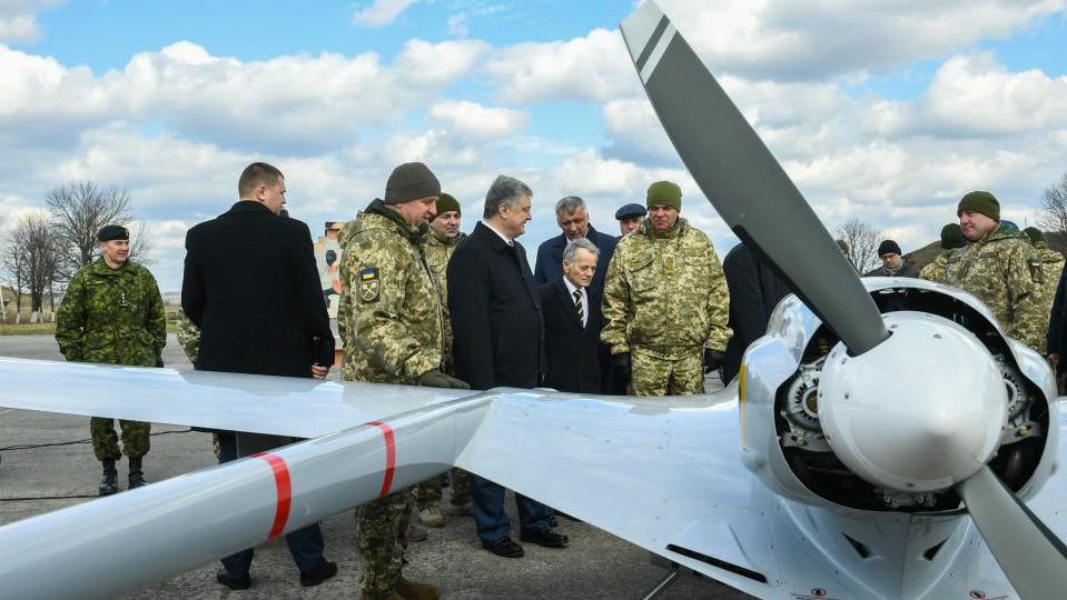 Former Ukrainian President Poroshenko inspects a new drone in 2019