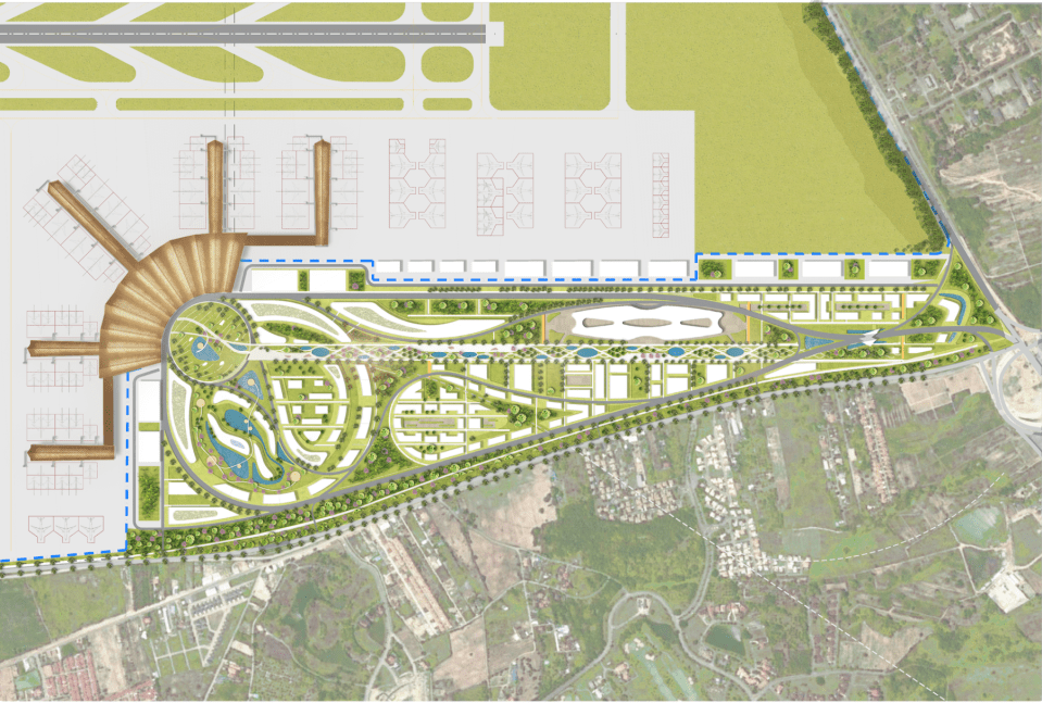 Plans show a new city with shops, homes and parks next to the terminal