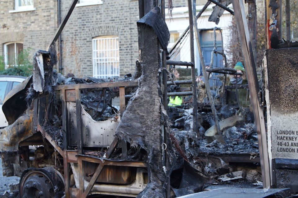 The burnt out remains of a 30-seater bus that was damaged by fire