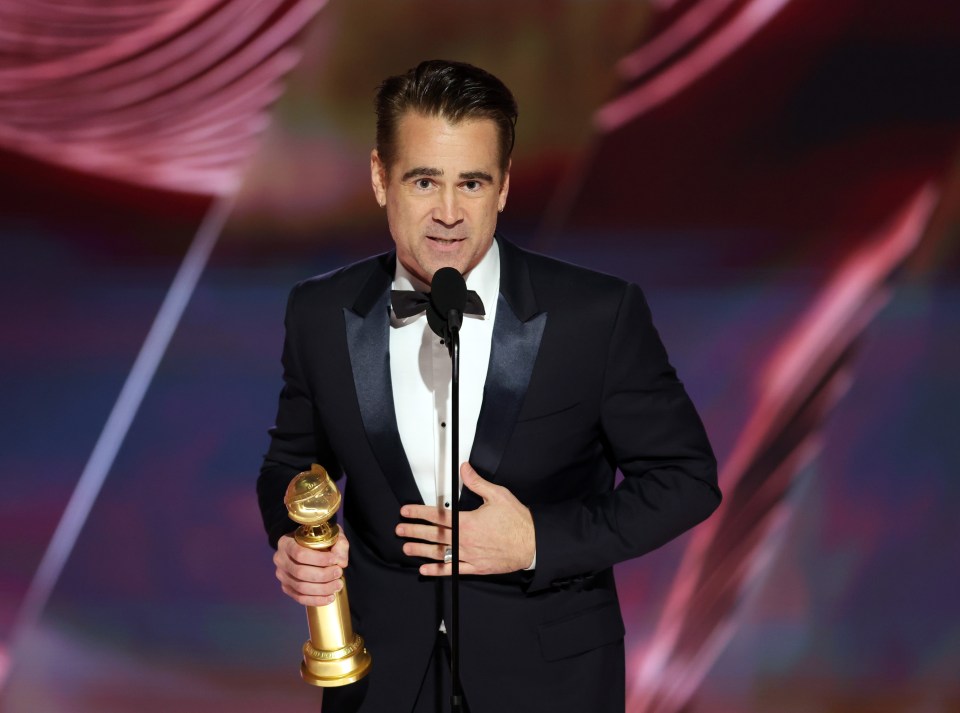 Colin Farrell picking up his Best Actor award at the Golden Globes