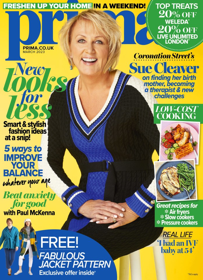 Sue is on the cover of this months’ Prima magazine