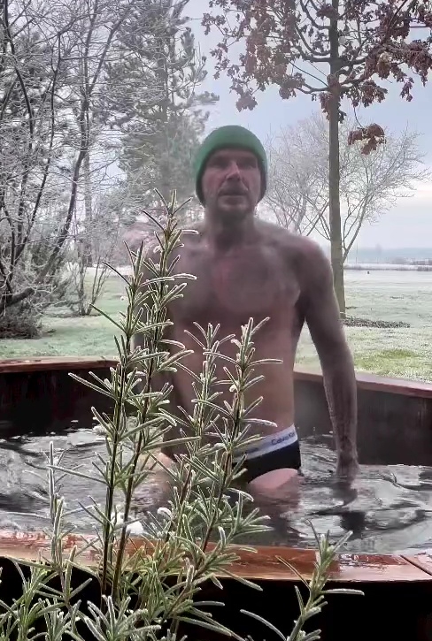 David Beckham braved the freezing conditions by having an ice bath