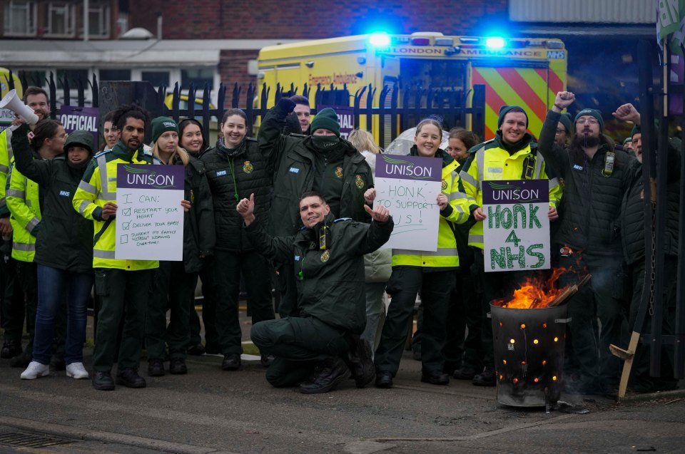 London ambulance workers on a picket line in Romford