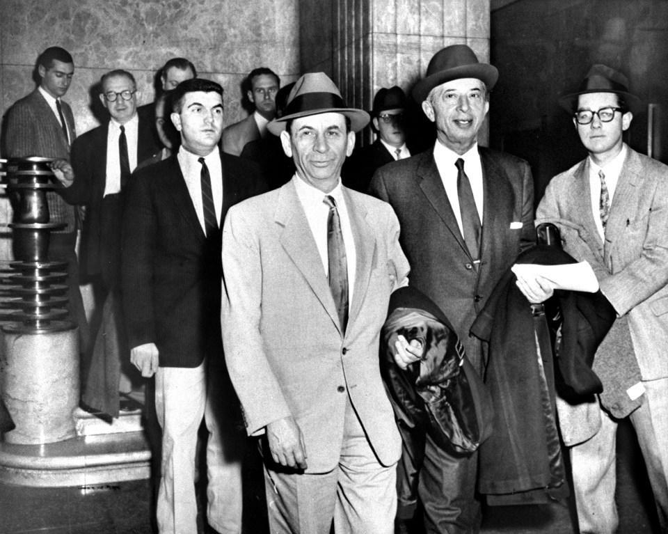 Underworld figure Meyer Lansky (front, left) with his lawyer Morris Polankoff