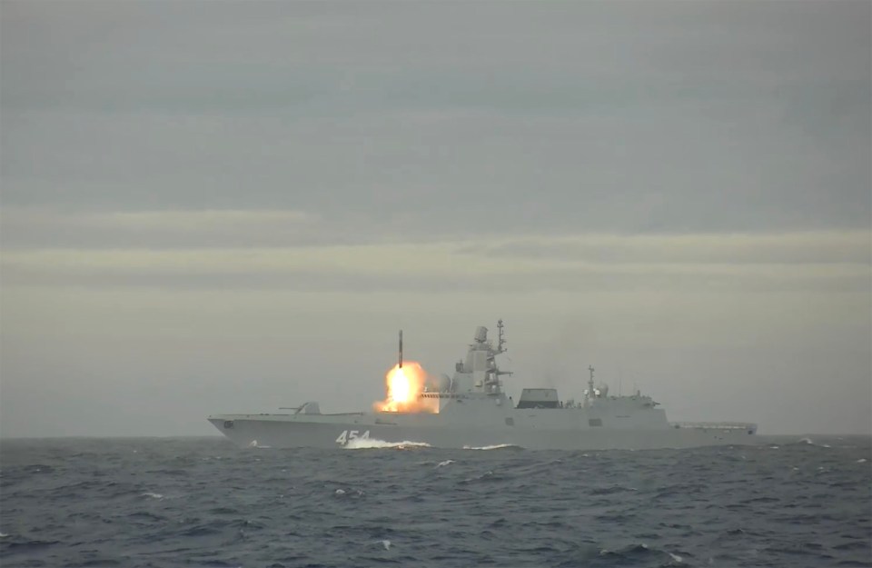 A Zircon hypersonic missile is test fired from the Admiral Gorshkov in 2021