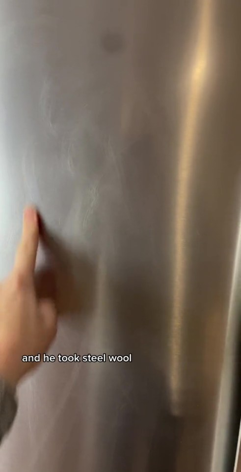 Her husband cleaned their stainless steel fridge with steel wool