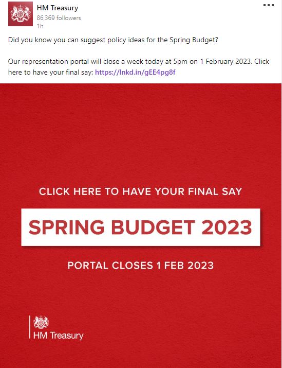 The Treasury advertised it’s Spring Budget survey on LinkedIn today