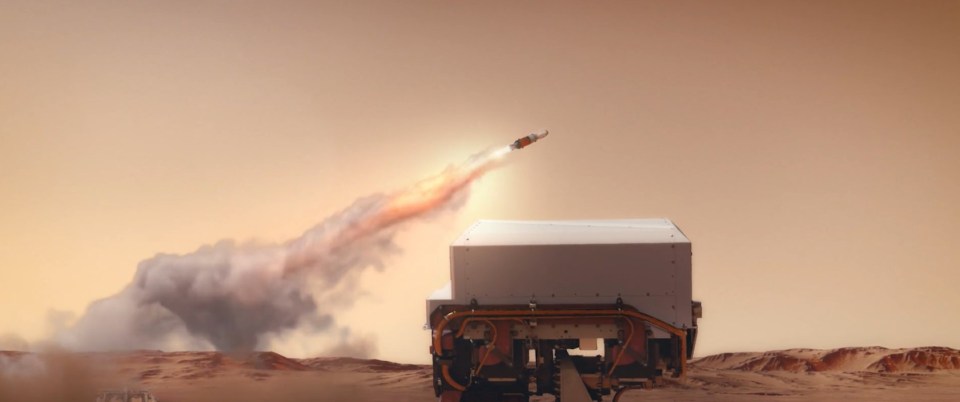 A CGI demonstration of a rocket carrying the scientific samples leaving Mars for Earth