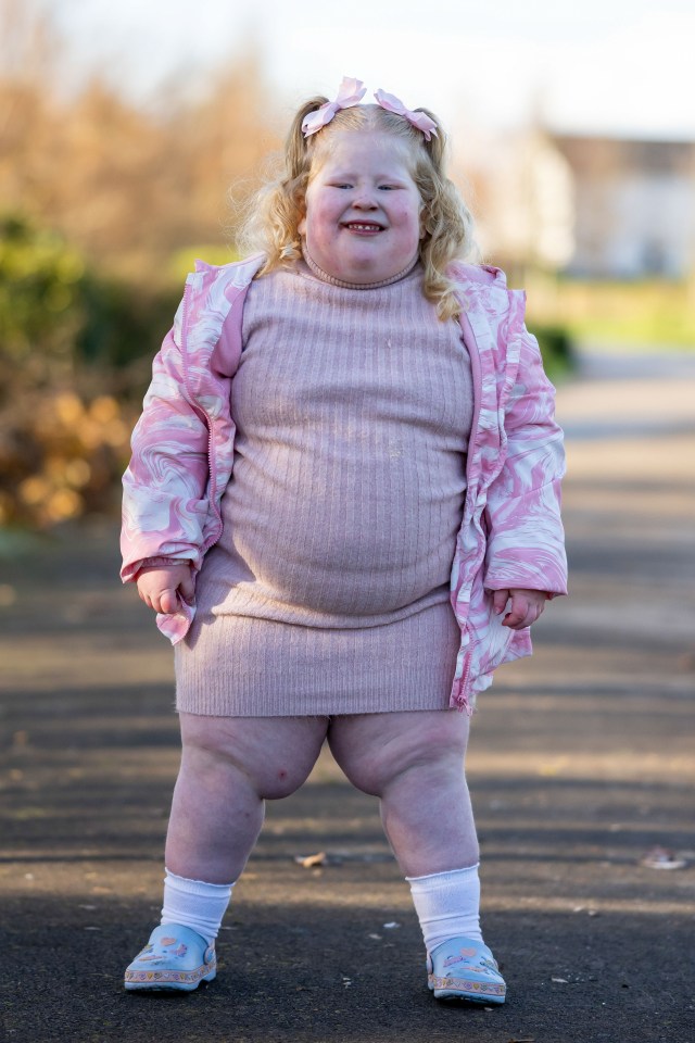 Harlow (pictured) weighs roughly 44lbs heavier than the average five-year-old girl