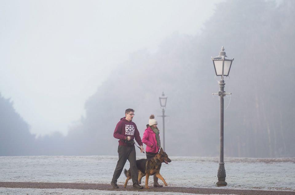 People walking their dog in foggy Norfolk