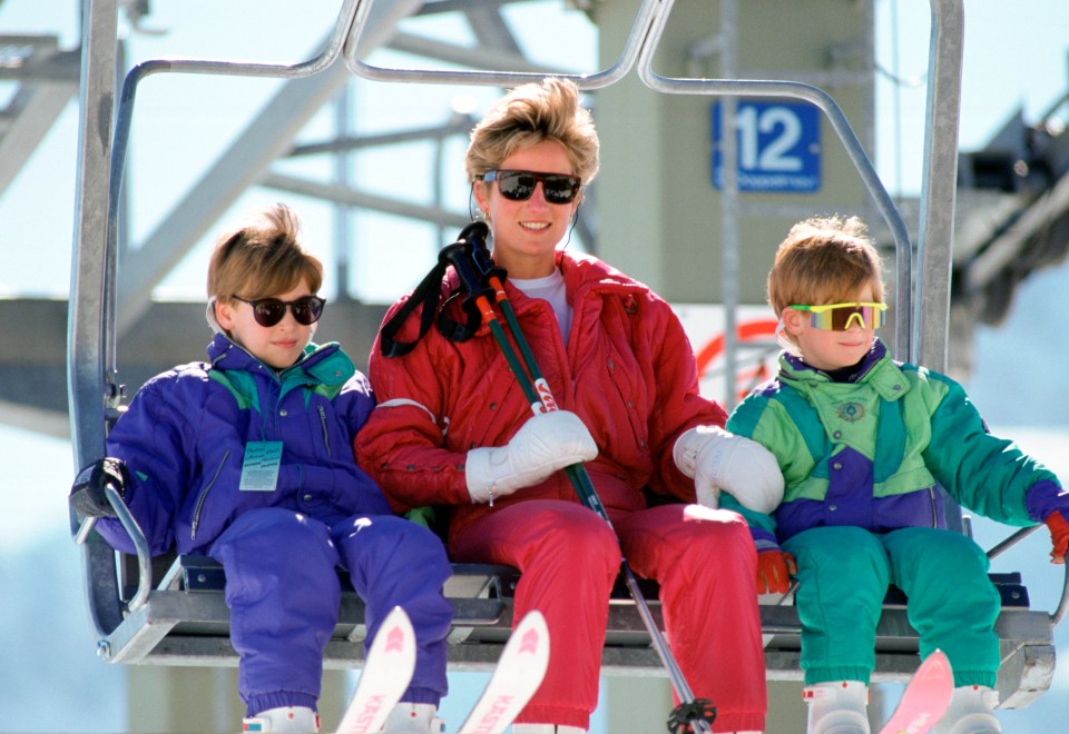 Diana on a ski holiday with the young princes in 1991