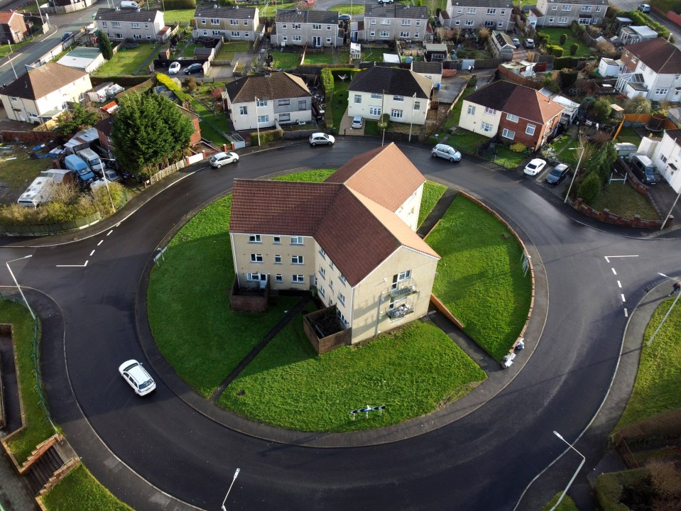 The block of flats in South Wales sits in the middle of a roundabout