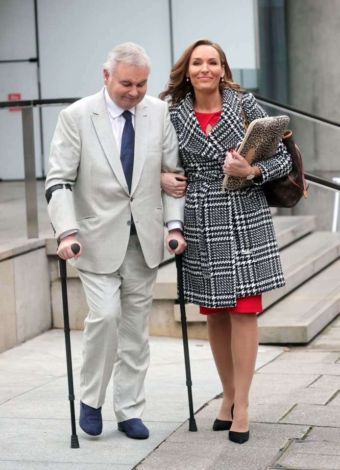 Eamonn Holmes continues to walk with the aid of crutches