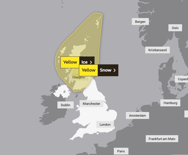 The Met Office has issued two yellow weather warnings, one for ice and one for snow