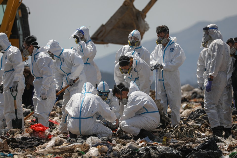 Police officers comb through garbage, searching for the remains of murdered model