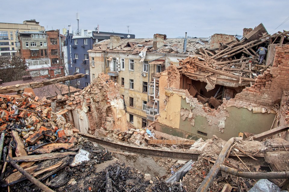 Buildings hit by shelling in Kharkiv