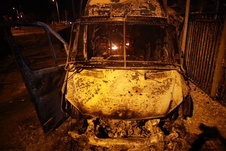 The van was torched after a protest became ‘out of control’