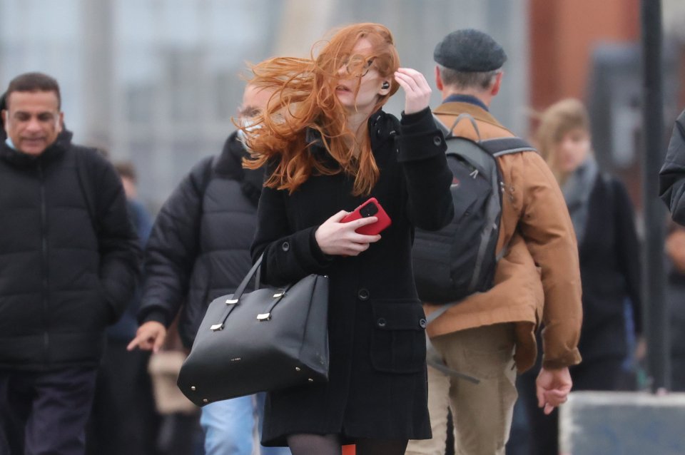 A commuter caught in the wind on London Bridge