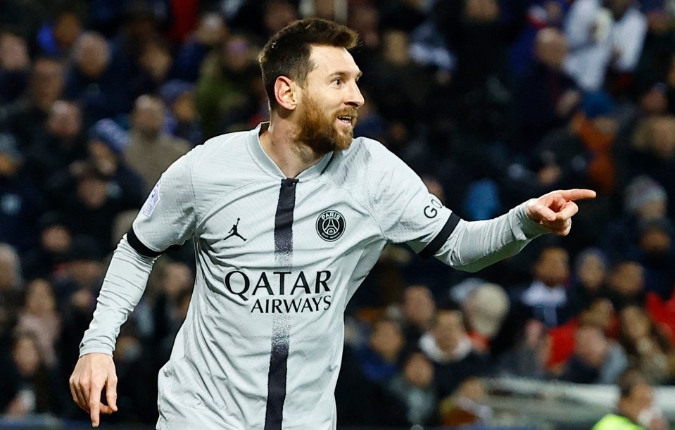 Lionel Messi celebrates scoring for PSG in Ligue 1.