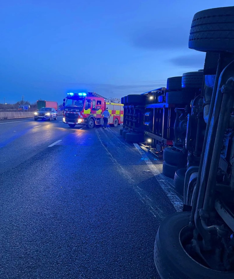 A major North Yorkshire motorway is closed after two lorries toppled over in the winds