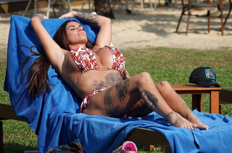 Reality star Katie appeared not to have a care in the world as she worked on her tan