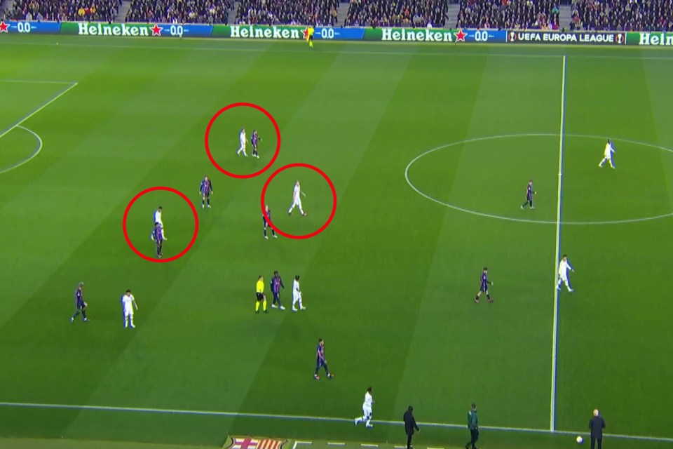 The Dutchman found new roles for three stars (circled) at the Nou Camp - with Marcus Rashford central, Wout Weghorst behind him and Bruno Fernandes shifted out to the right