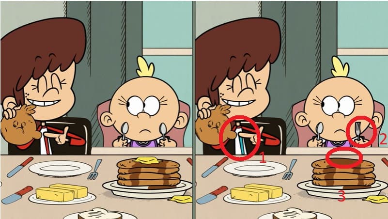 The tie's colour has changed, the butter is missing from the pancake stack and the baby is holding a fork in the second photo