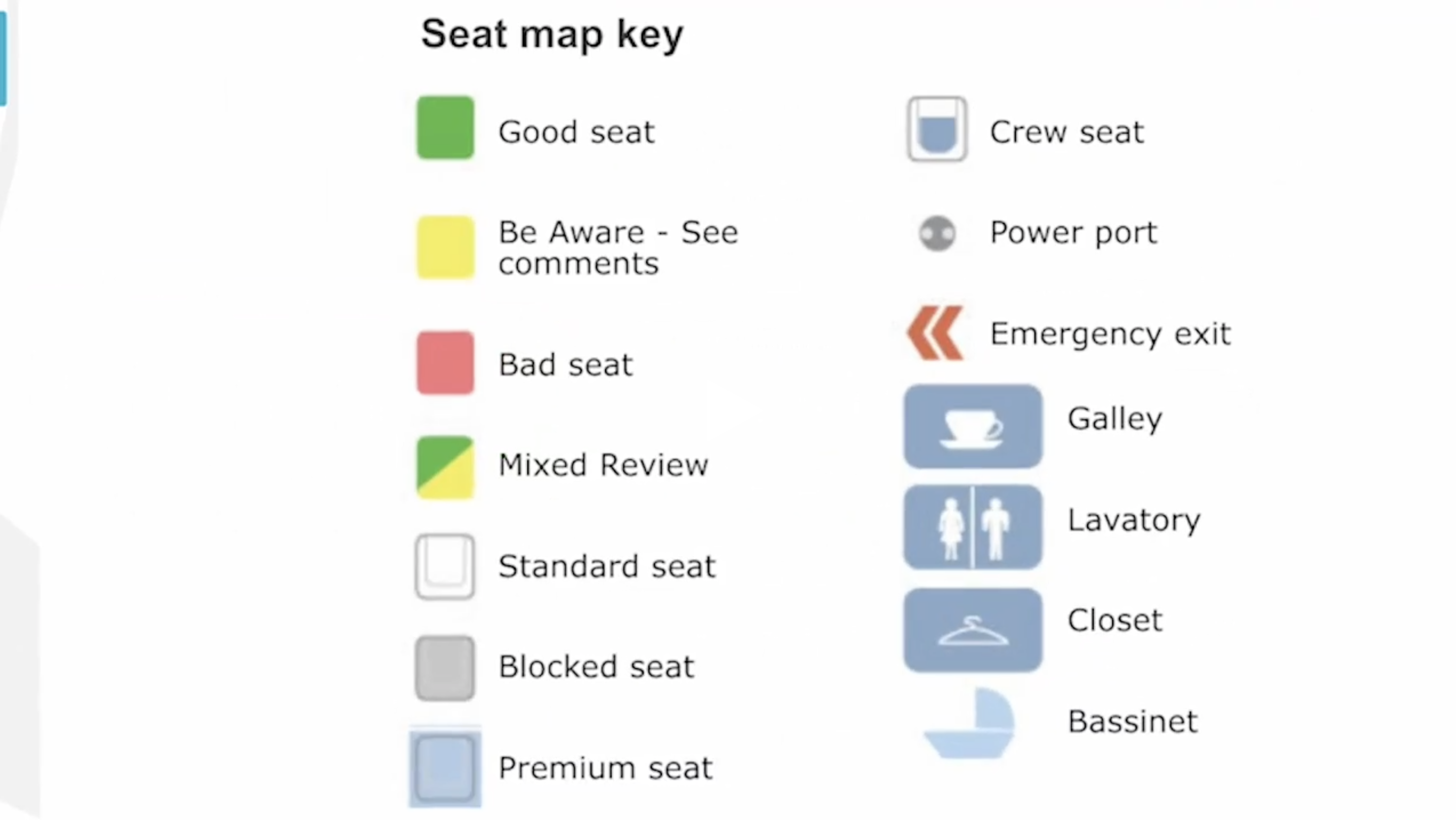 The map shows you where the toilets and emergency exits are, while the seats are colour-coded