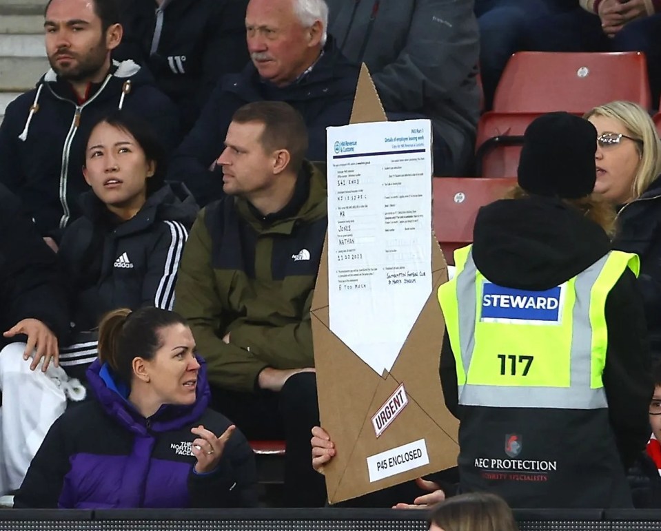 A fan was seen holding up a P45 cutout at St. Mary’s on Saturday