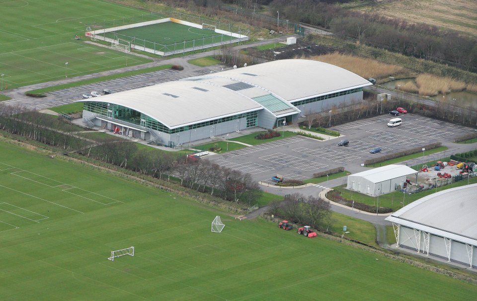 An aerial shot of the men’s and women’s teams' shared training facilities - Manchester United’s Carrington Training Ground